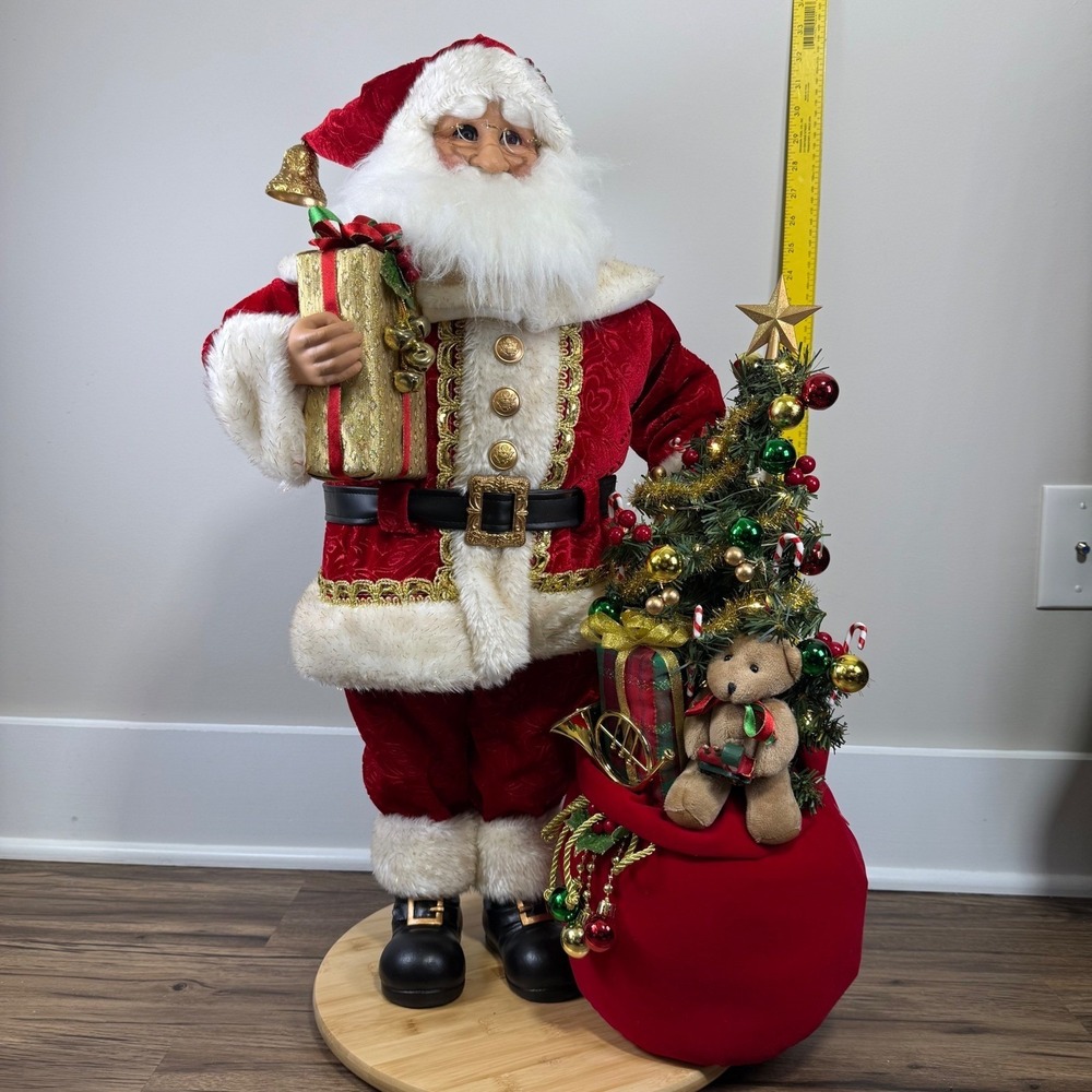 Karen Didion Santa Claus Figurine 33in Red Velvet Lighted Tree Bell Handcrafted